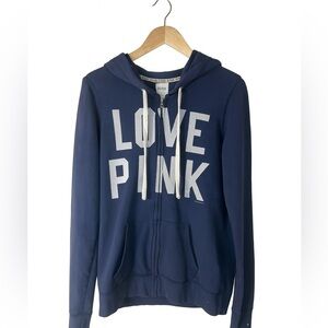 PINK Victoria's Secret Navy Blue Love Pink Zip Up Hoodie Jacket, Women's X-Small